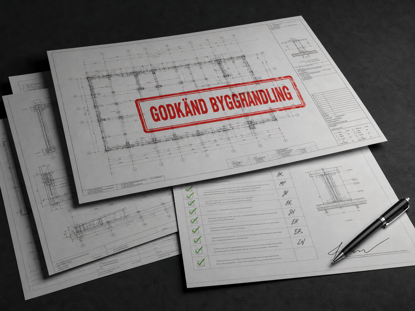 Ritningar stämplade Godkänd bygghandling samt checklistor under signering i STQ Uality
